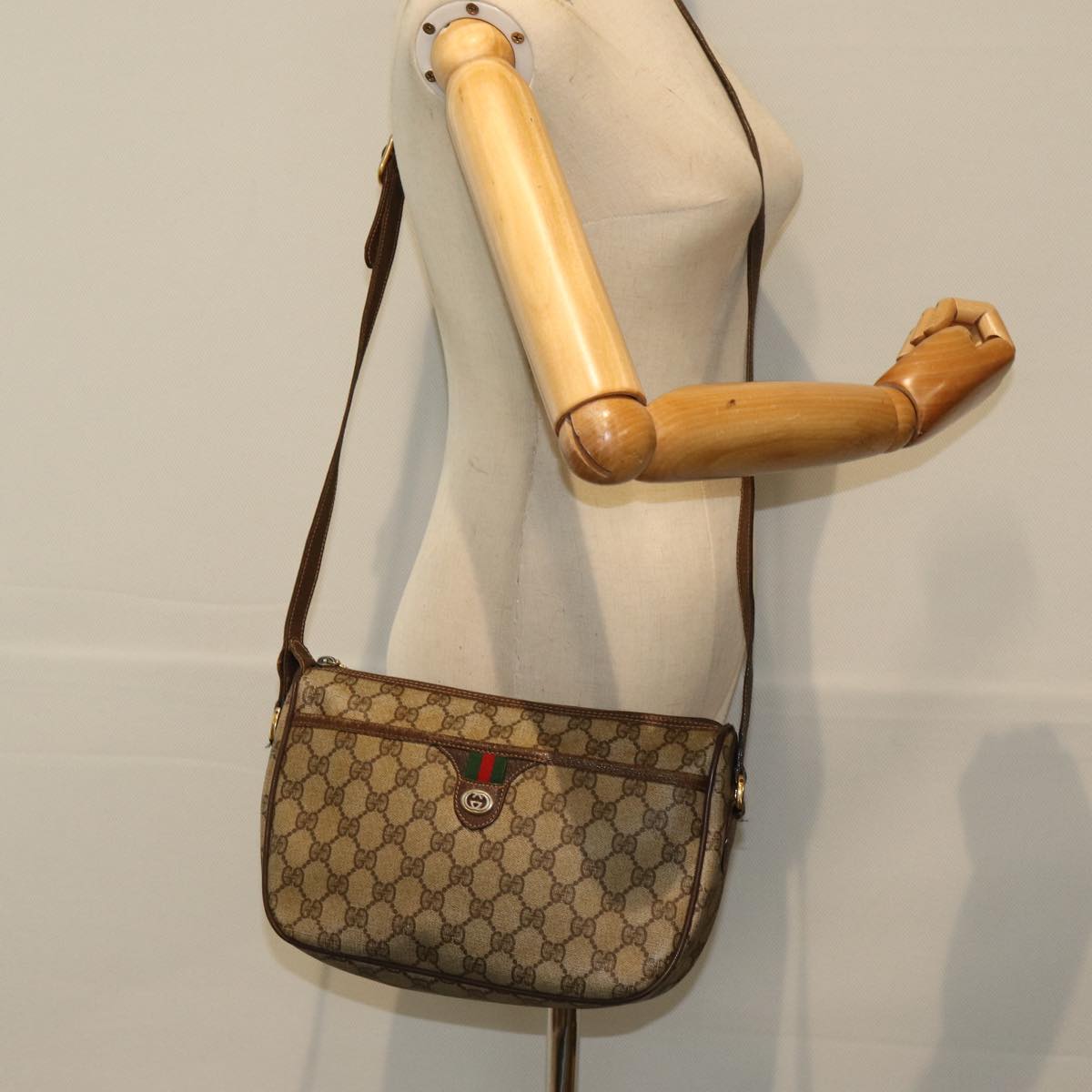 GUCCI GG Supreme Web Sherry Line Shoulder Bag PVC Leather Beige Brown Auth