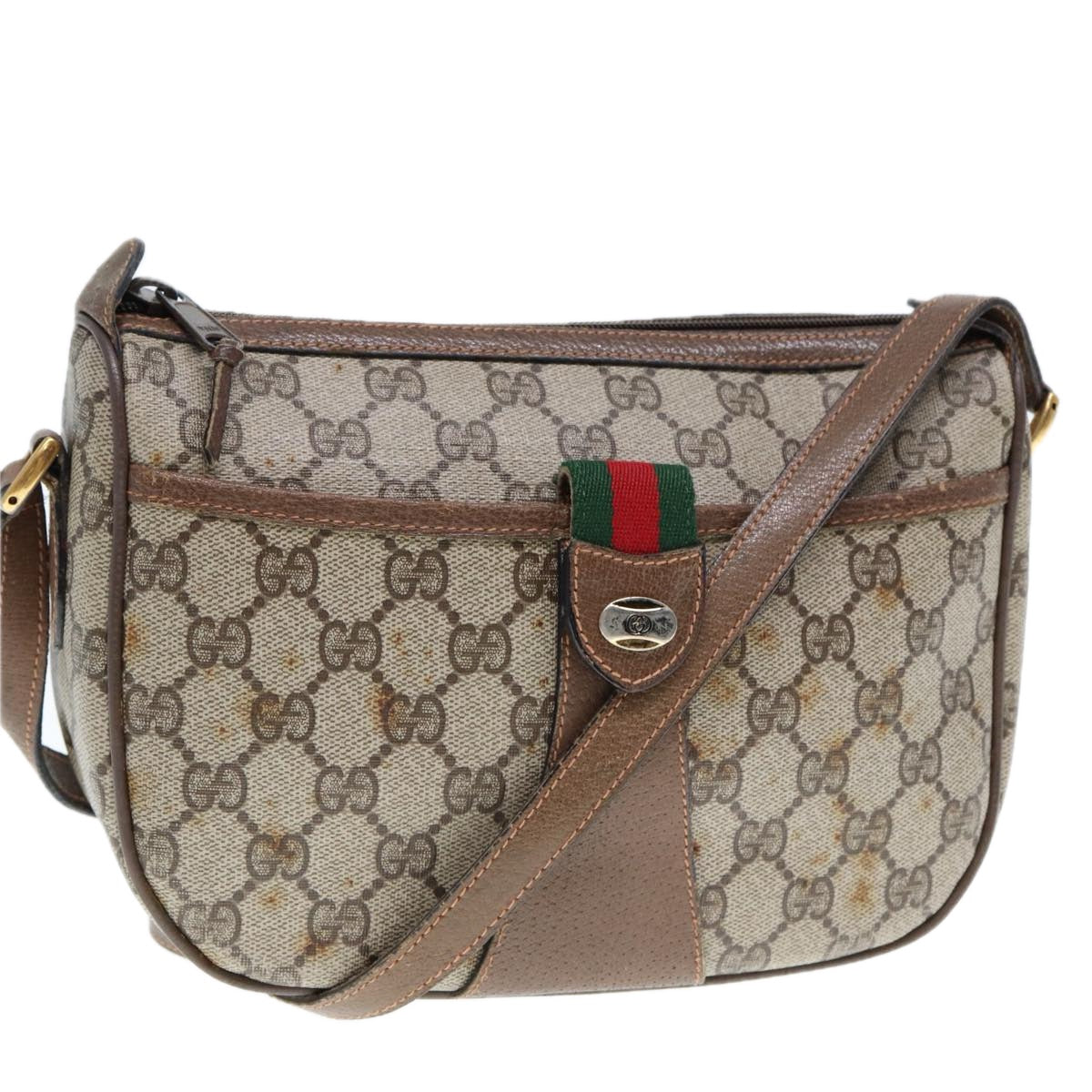 GUCCI GG Supreme Web Sherry Line Shoulder Bag PVC Leather Beige Brown Auth