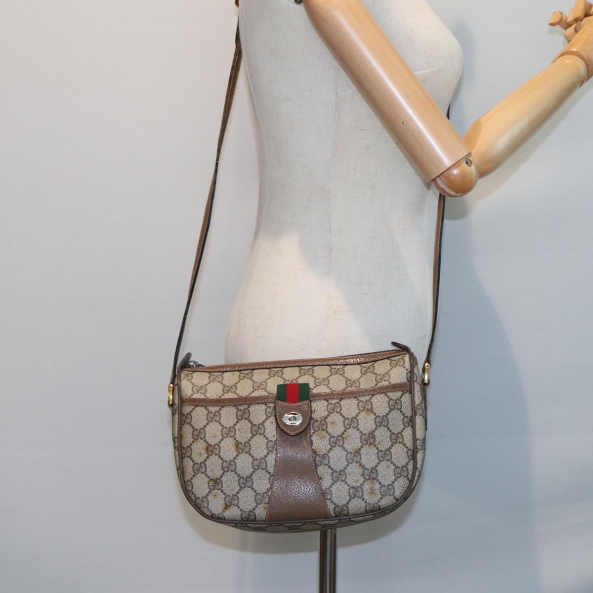 GUCCI GG Supreme Web Sherry Line Shoulder Bag PVC Leather Beige Brown Auth