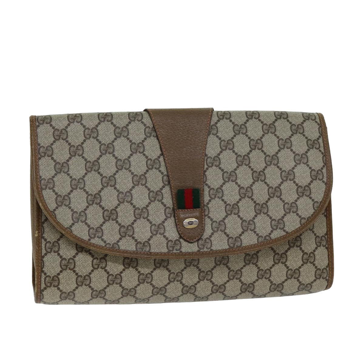 GUCCI GG Supreme Web Sherry Line Clutch Bag PVC Leather Beige Auth ep4493