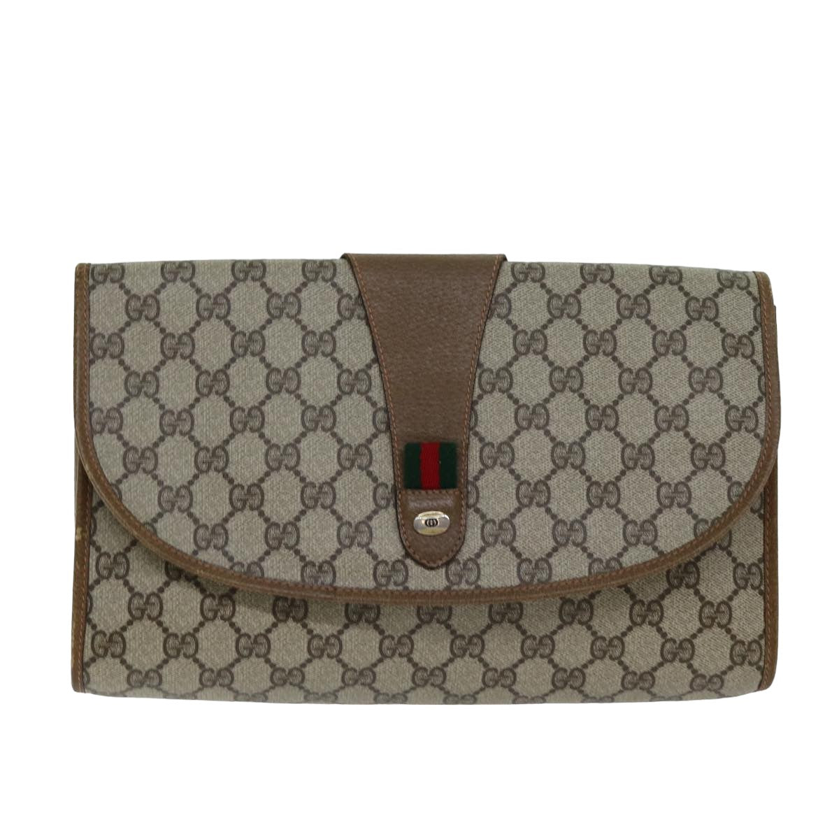 GUCCI GG Supreme Web Sherry Line Clutch Bag PVC Leather Beige Auth ep4493