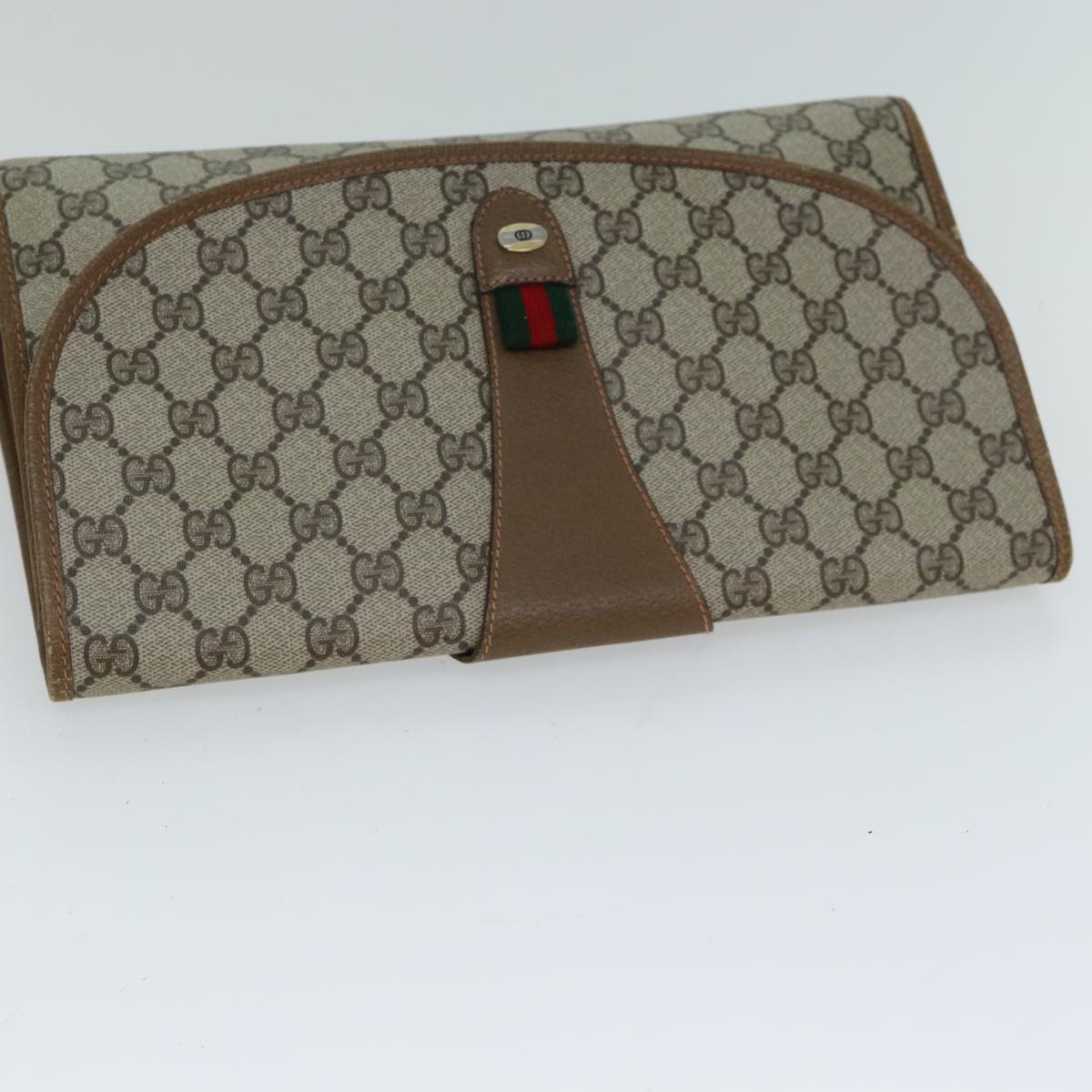 GUCCI GG Supreme Web Sherry Line Clutch Bag PVC Leather Beige Auth ep4493