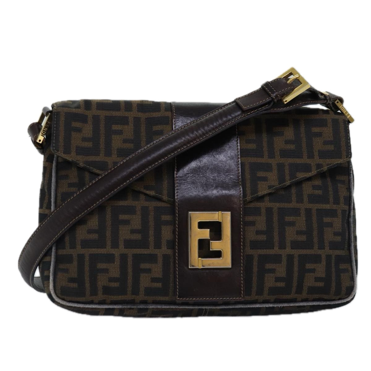 FENDI Zucca Canvas Shoulder Bag Black Brown Auth ep4502