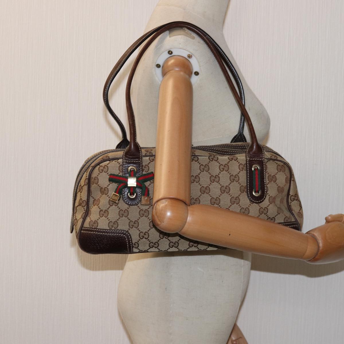 GUCCI GG Canvas Web Sherry Line Shoulder Bag Beige Red Green 161720 Auth ep4532