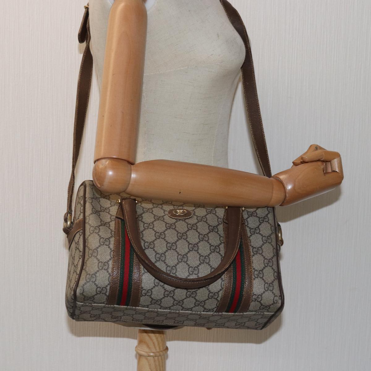 GUCCI GG Supreme Web Sherry Line Boston Bag PVC Beige 002 115 6697 Auth ep4571