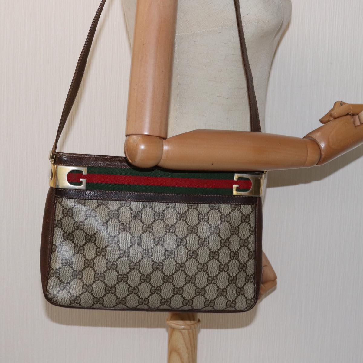 GUCCI GG Supreme Web Sherry Line Shoulder Bag PVC Beige Red Green Auth ep4578