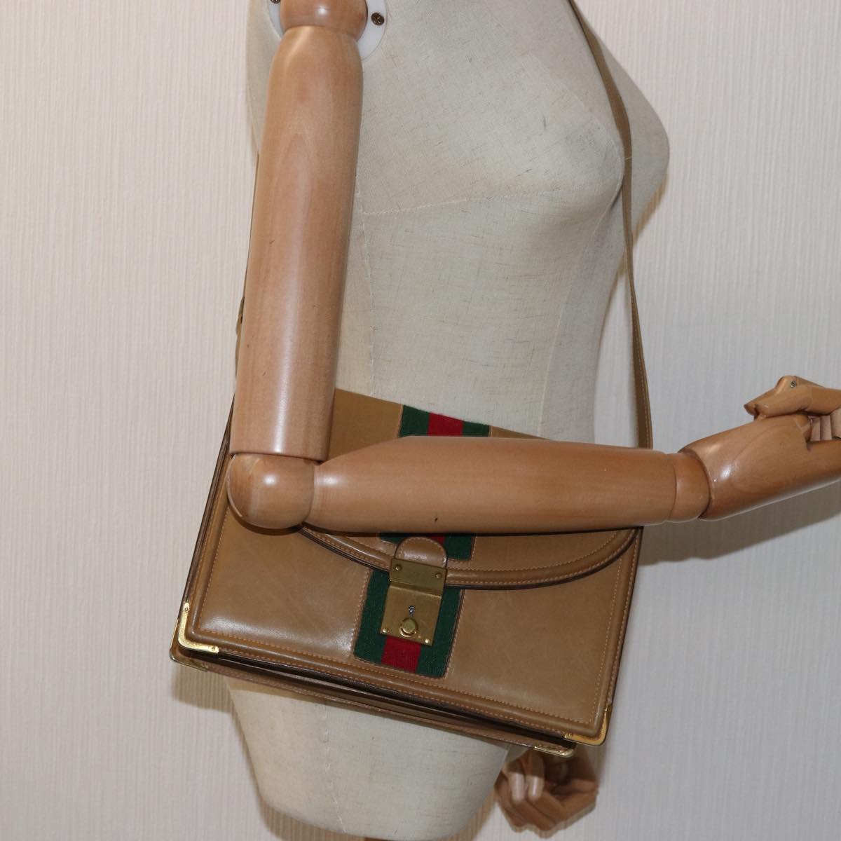 GUCCI Web Sherry Line Shoulder Bag Leather Beige Auth ep4582