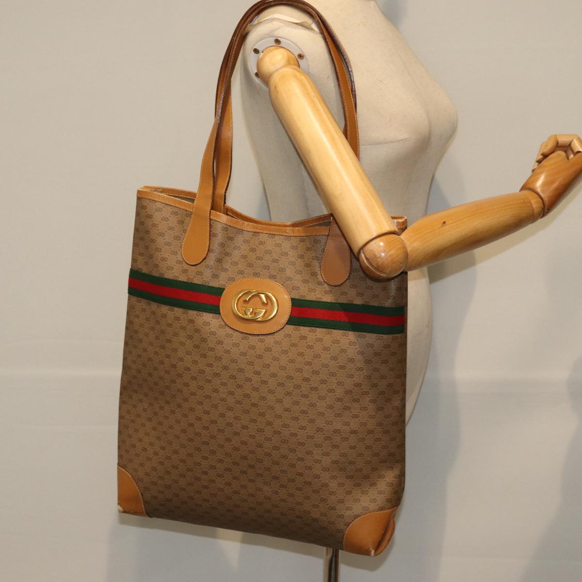 GUCCI Micro GG Supreme Web Sherry Line Tote Bag Beige 002 904 0131 Auth ep4613