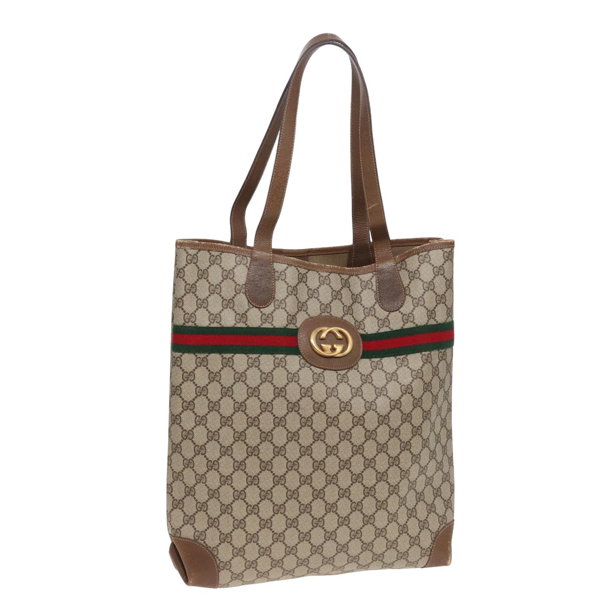 GUCCI GG Supreme Web Sherry Line Tote Bag PVC Beige Red Green Auth ep4684