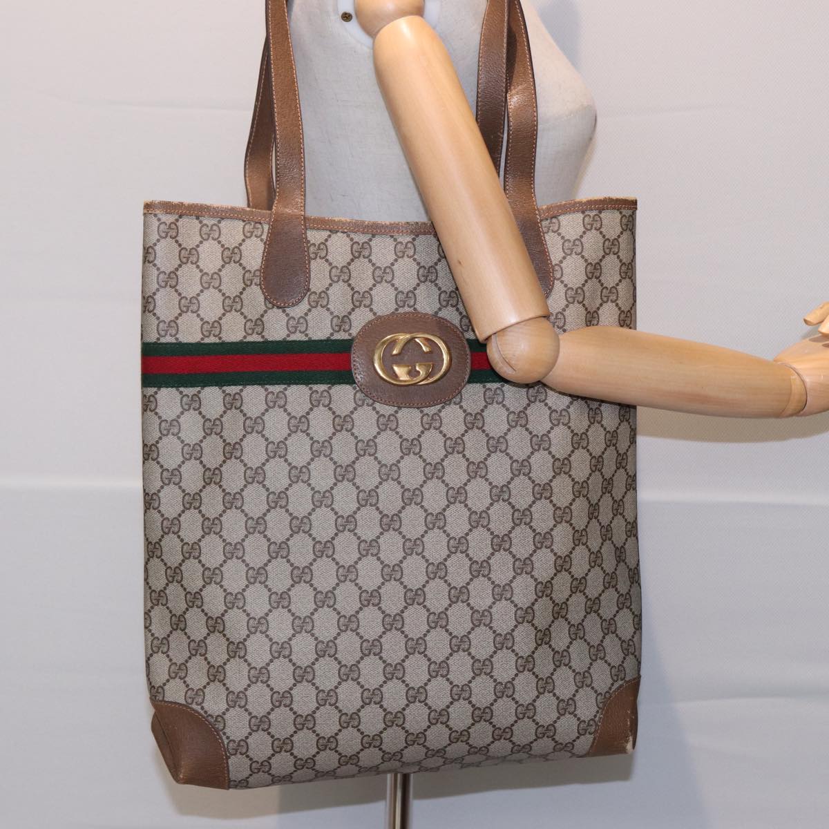 GUCCI GG Supreme Web Sherry Line Tote Bag PVC Beige Red Green Auth ep4684