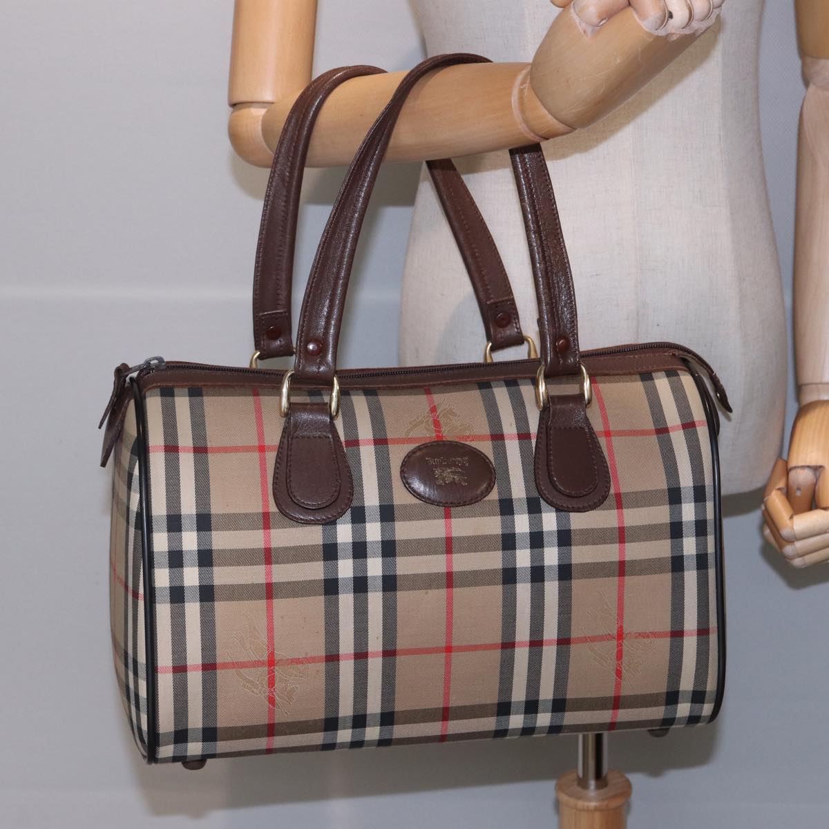 Burberrys Nova Check Boston Bag Canvas Beige Auth ep4692