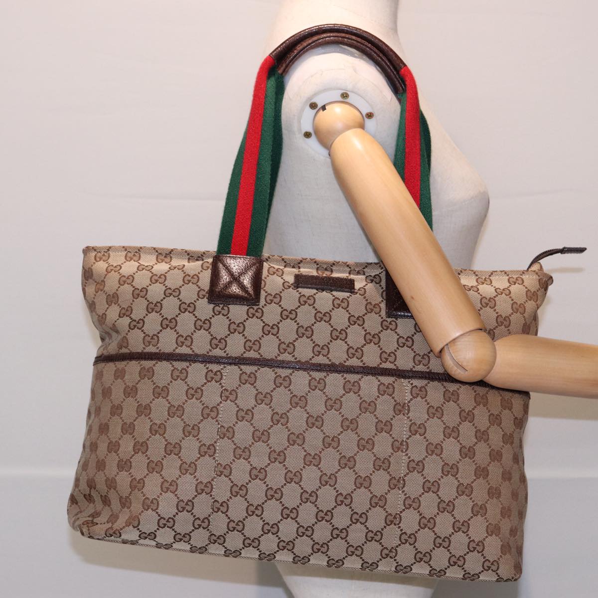 GUCCI GG Canvas Web Sherry Line Tote Bag Beige Green Red 155524 Auth ep4699