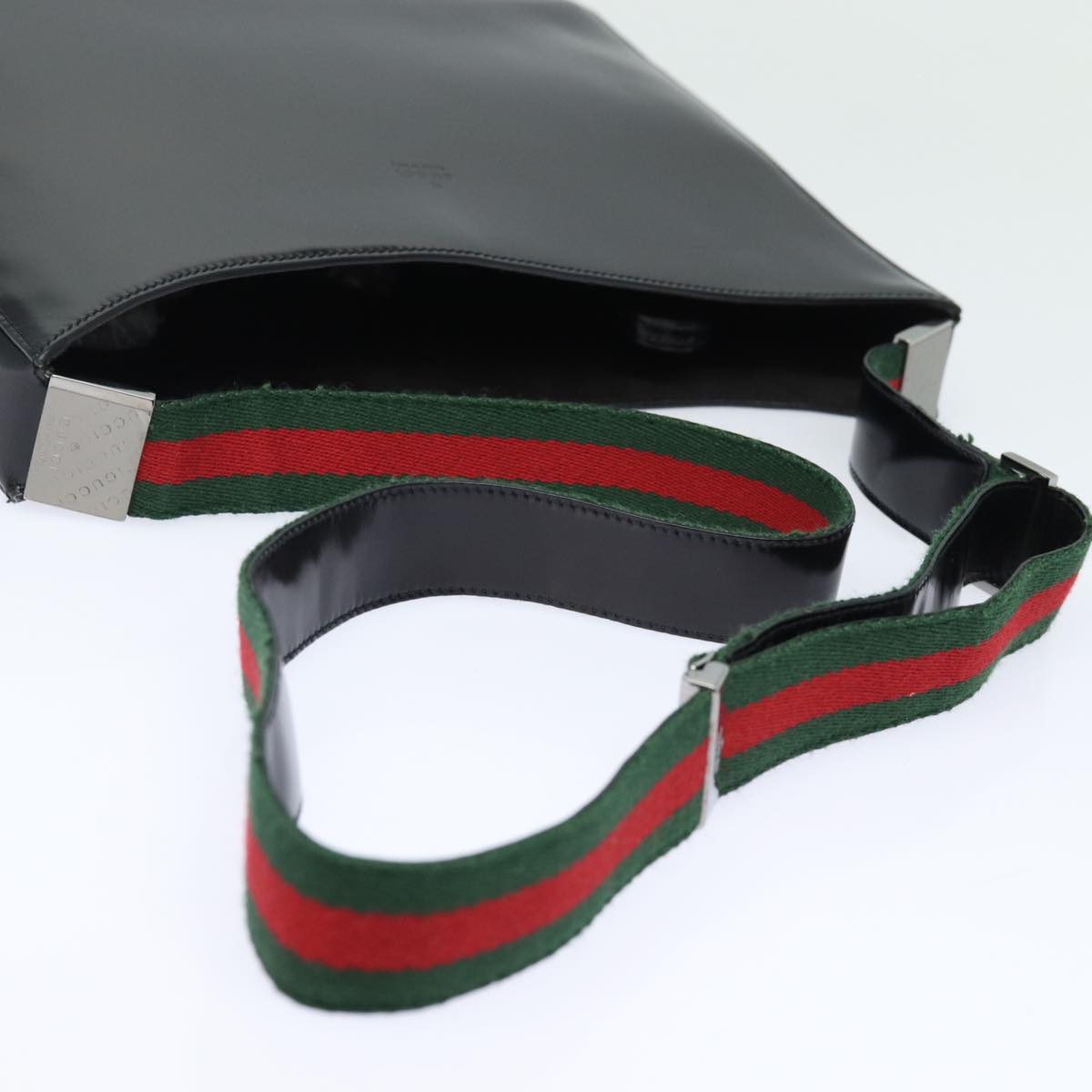 GUCCI Web Sherry Line Shoulder Bag Enamel Black Red Green Auth ep4721