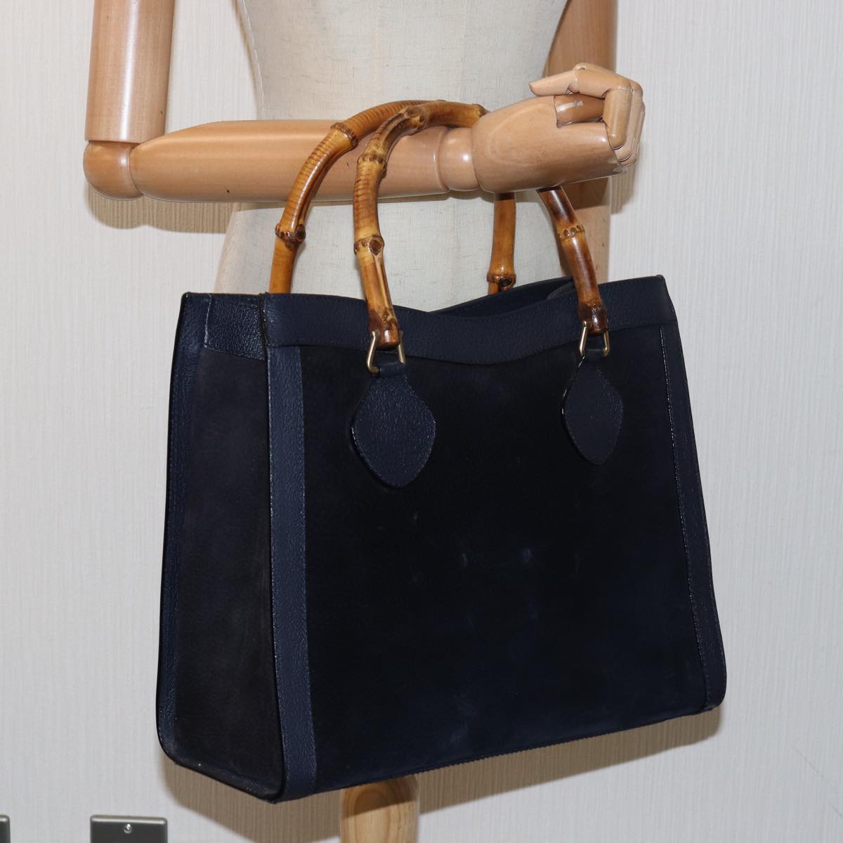 GUCCI Bamboo Hand Bag Suede Navy 002 123 0260 Auth ep4750