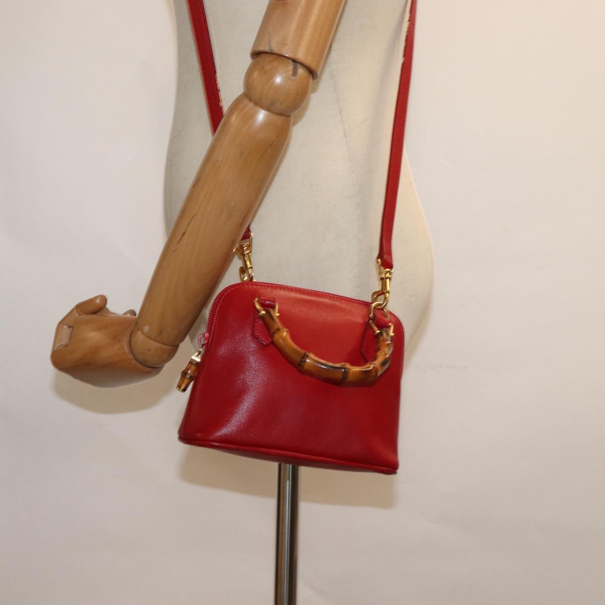 GUCCI Bamboo Hand Bag Leather 2way Red 007 1014 0231 Auth ep4811