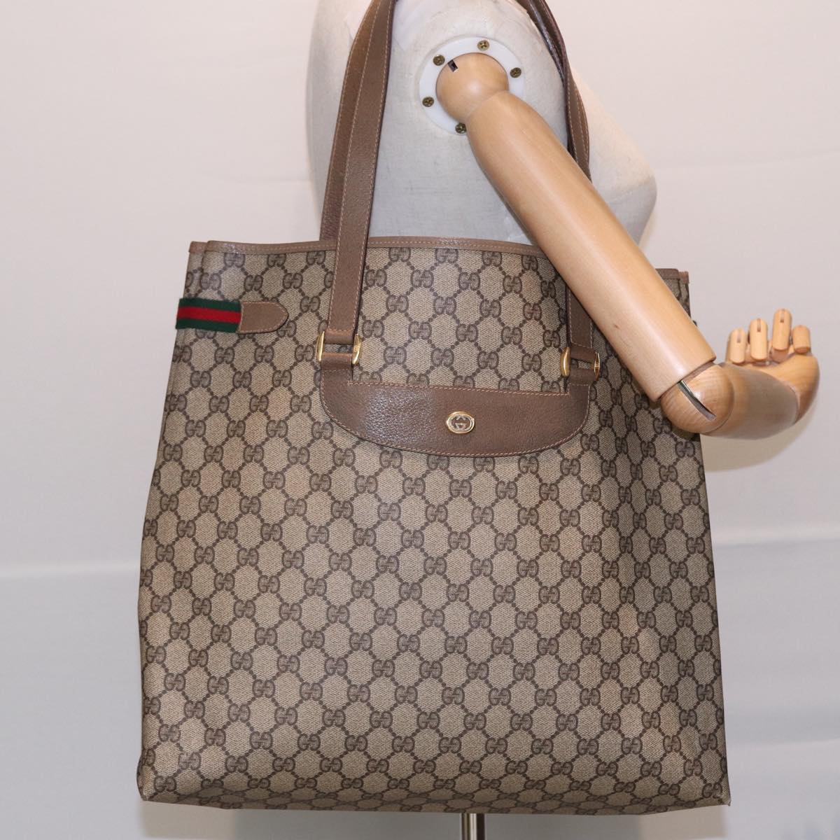 GUCCI GG Supreme Web Sherry Line Tote Bag PVC Beige Red 39 02 091 Auth ep4842