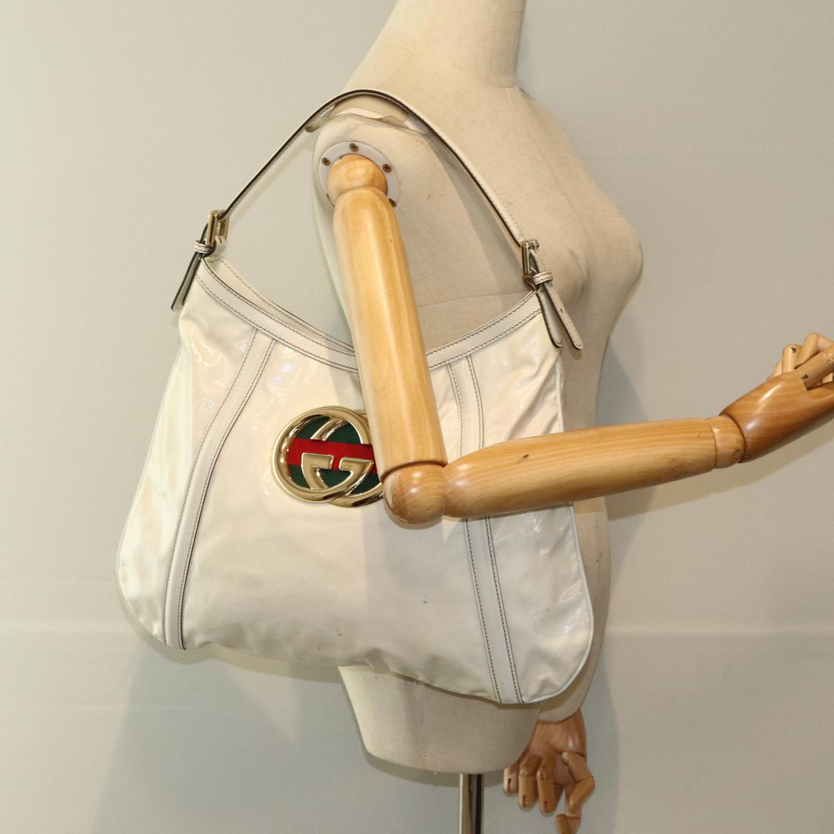 GUCCI Web Sherry Line Shoulder Bag Coated Canvas White Red 162740 Auth ep4886