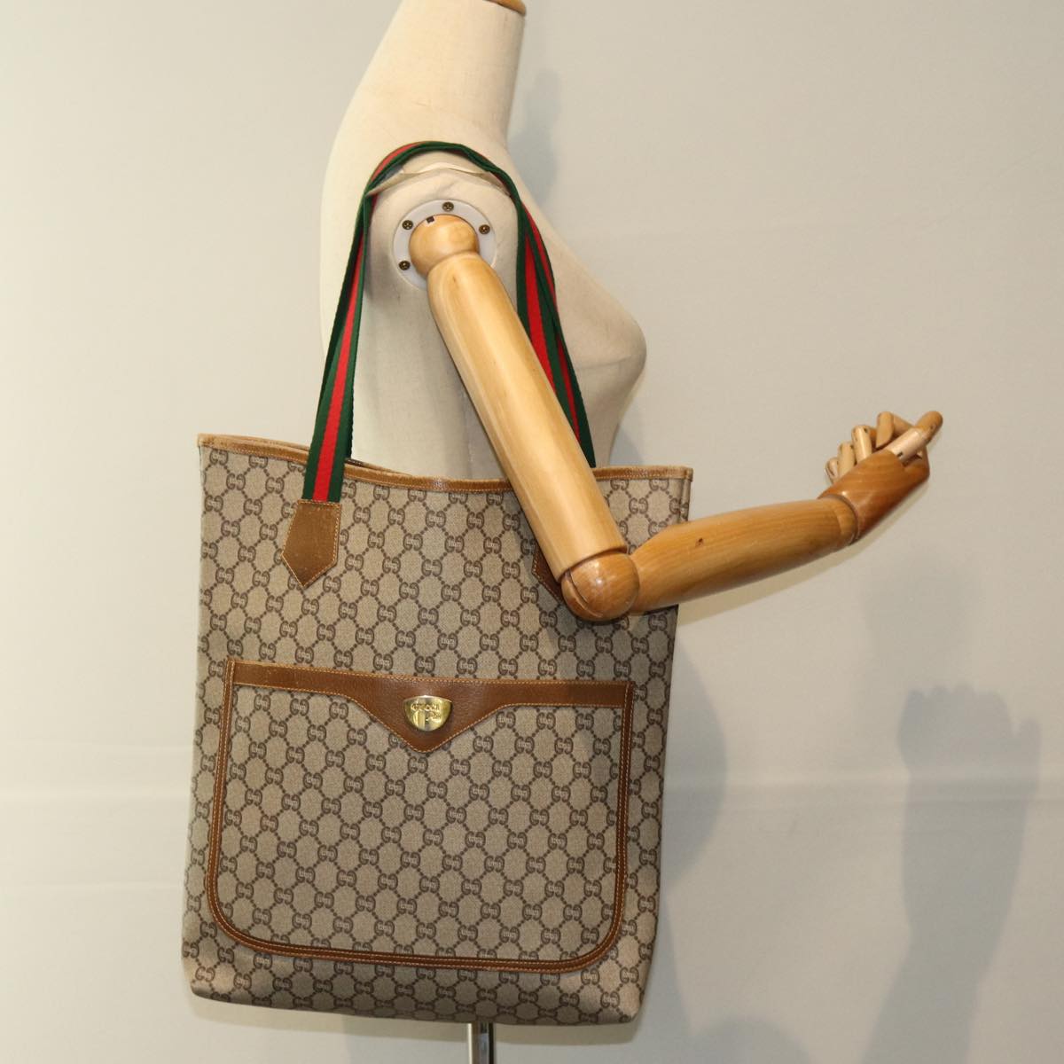 GUCCI GG Plus Supreme Web Sherry Line Tote Bag PVC Beige Red Green Auth ep4936