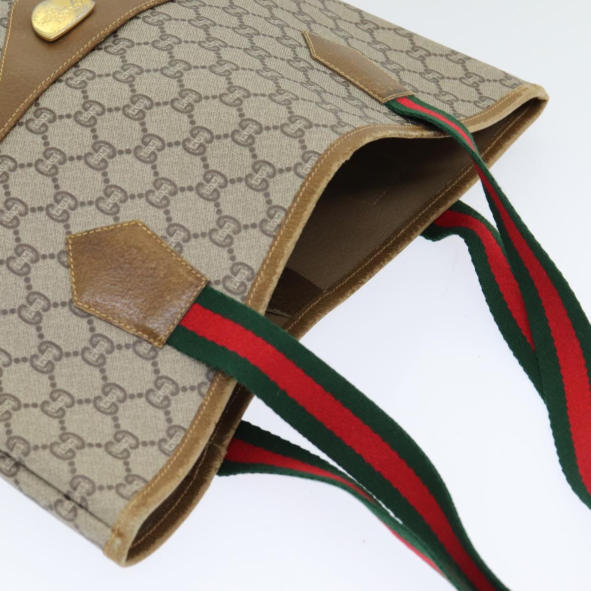 GUCCI GG Plus Supreme Web Sherry Line Tote Bag PVC Beige Red Green Auth ep4936