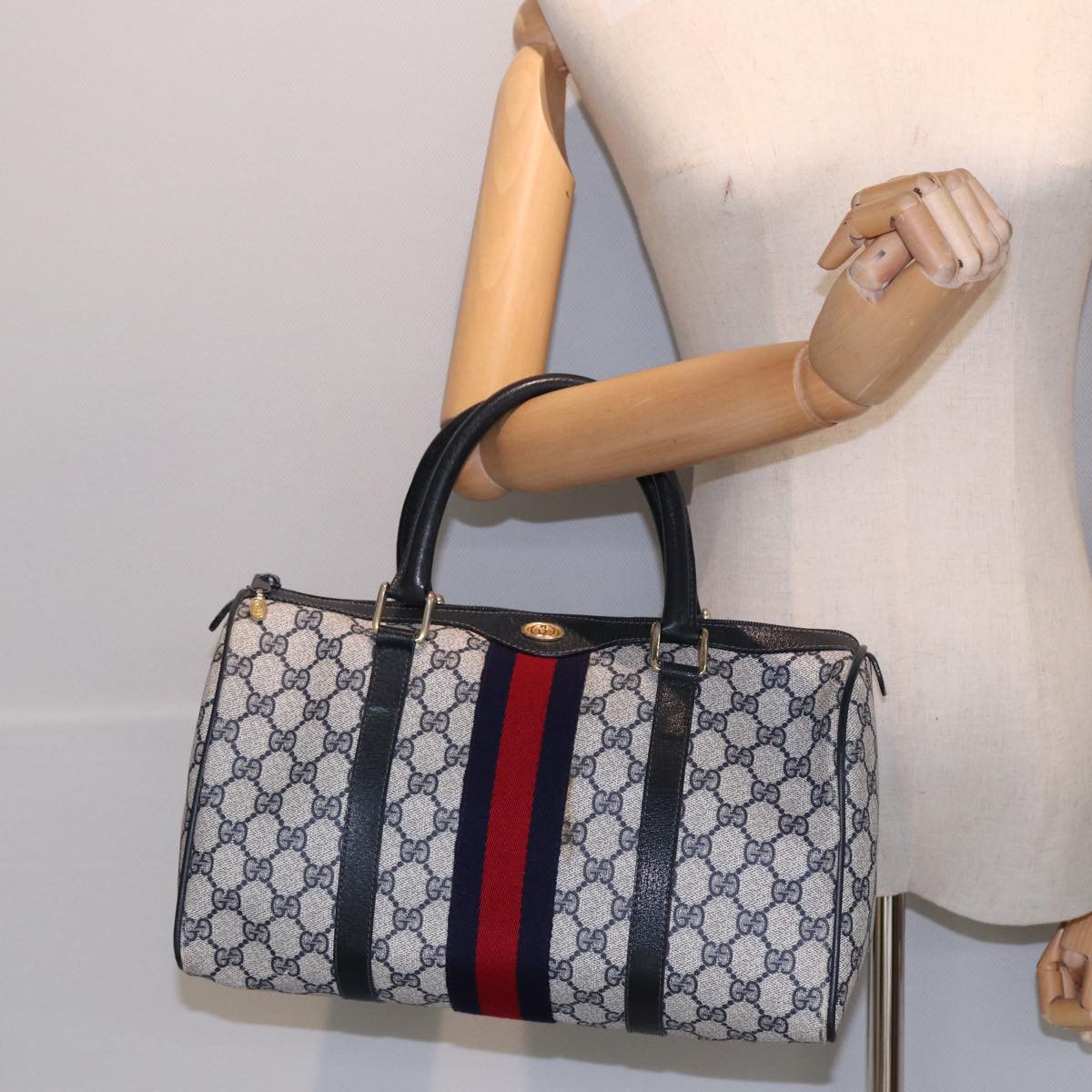 GUCCI GG Supreme Sherry Line Boston Bag PVC Leather Navy Red Auth ep4938