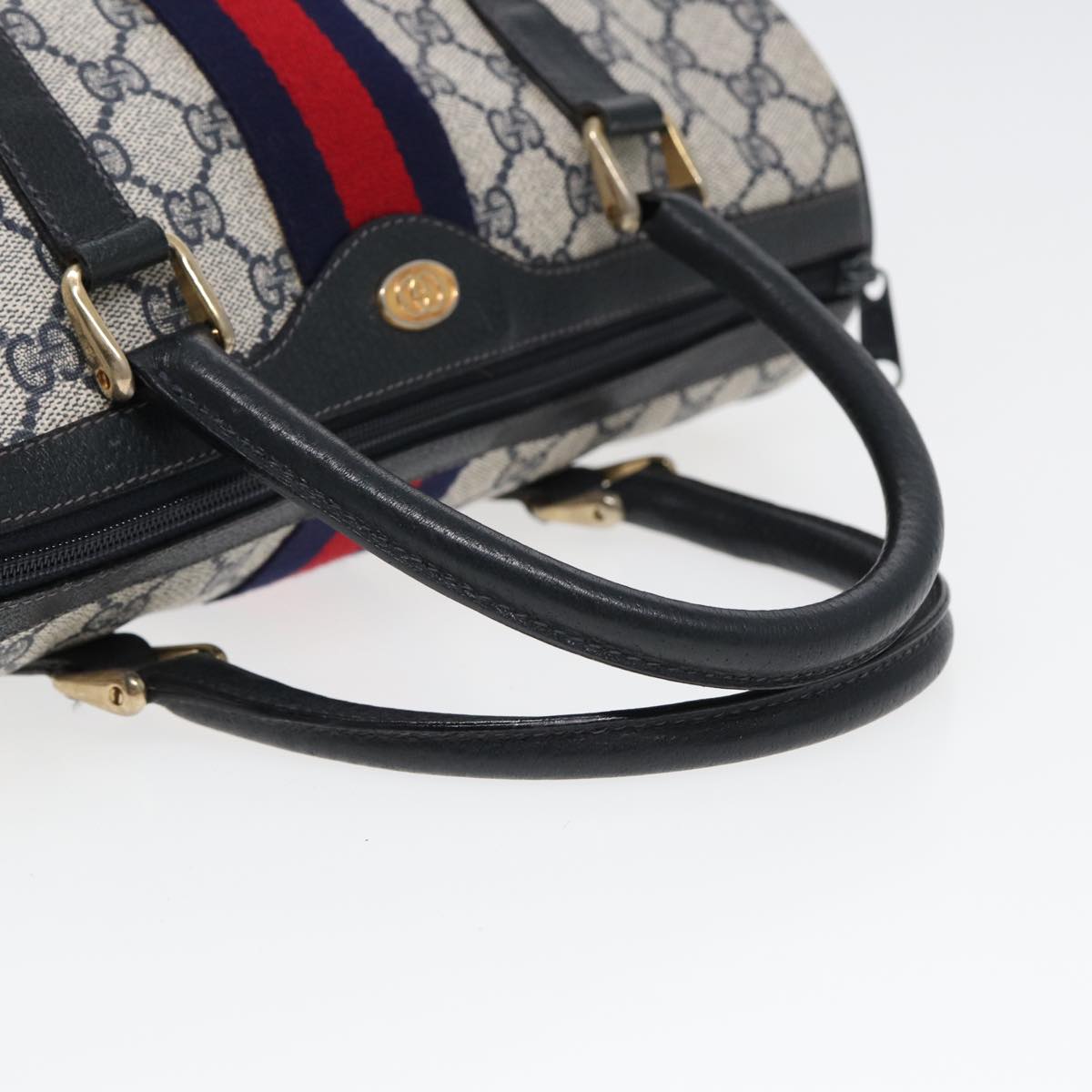 GUCCI GG Supreme Sherry Line Boston Bag PVC Leather Navy Red Auth ep4938