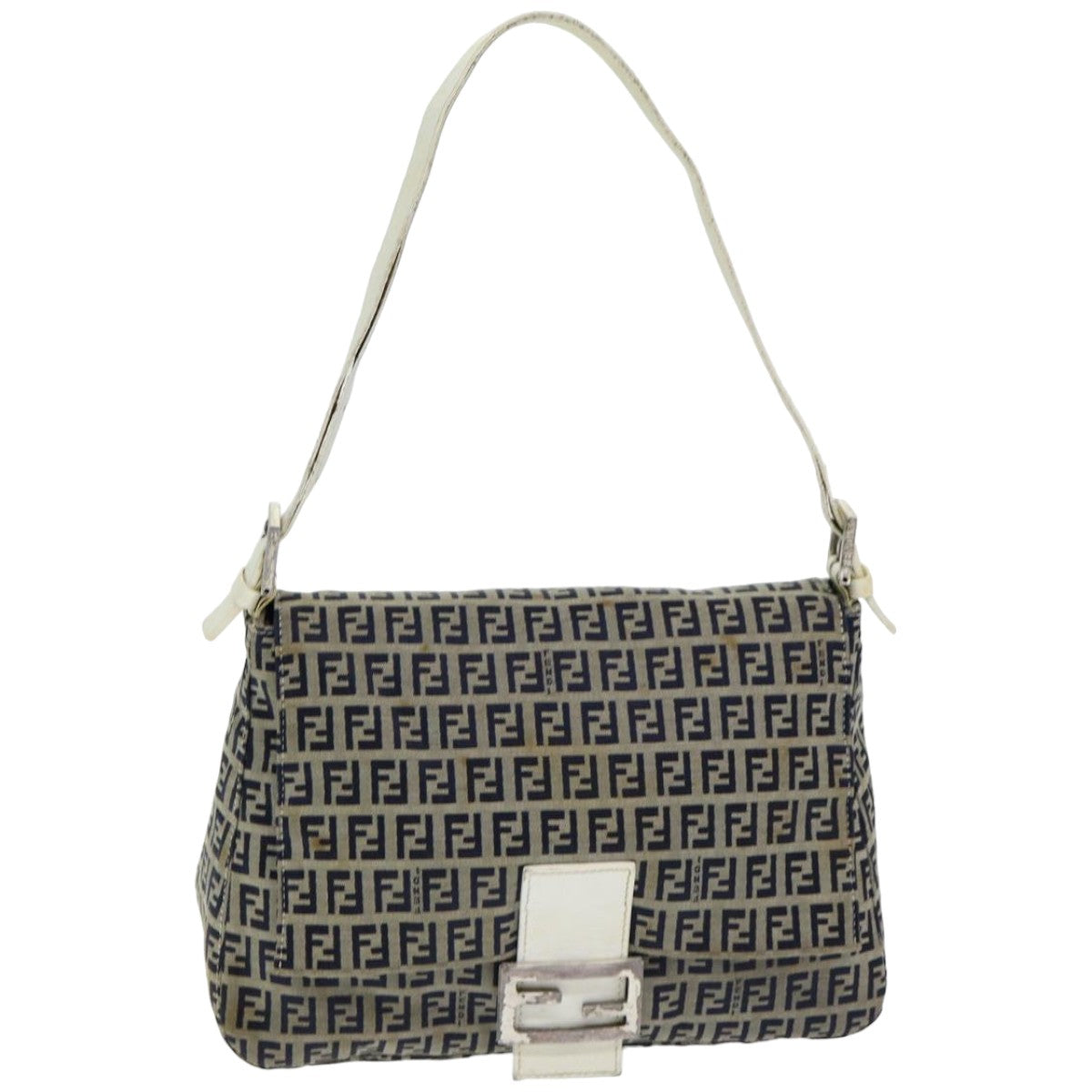 FENDI Zucchino Canvas Mamma Baguette Shoulder Bag Navy Auth ep4964