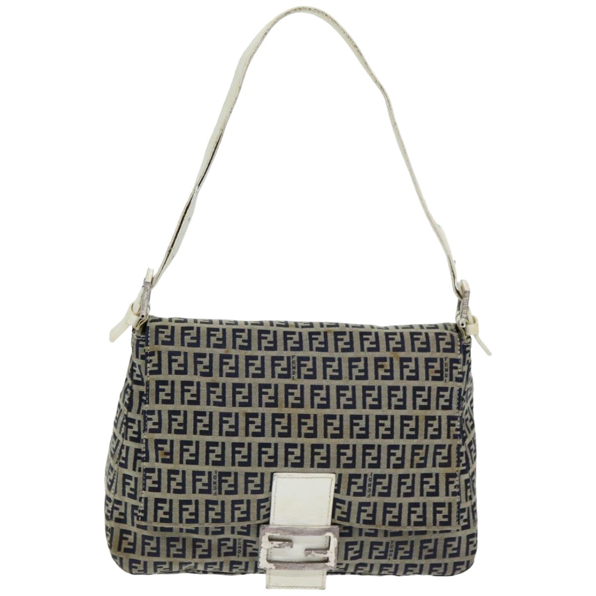 FENDI Zucchino Canvas Mamma Baguette Shoulder Bag Navy Auth ep4964