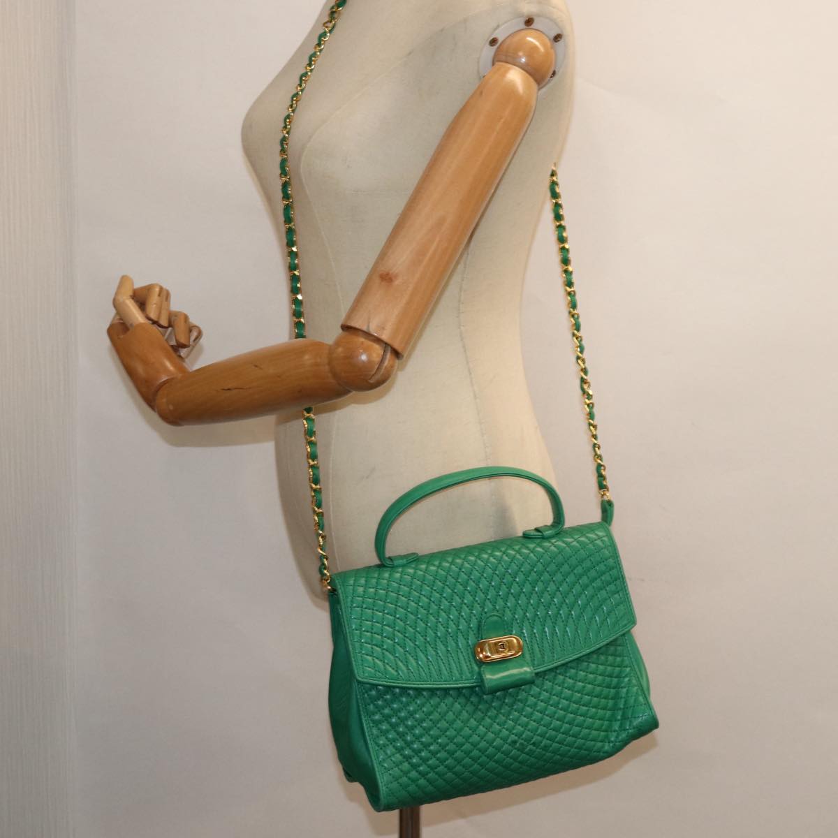 BALLY Chain Hand Bag Leather 2way Green Auth ep4991