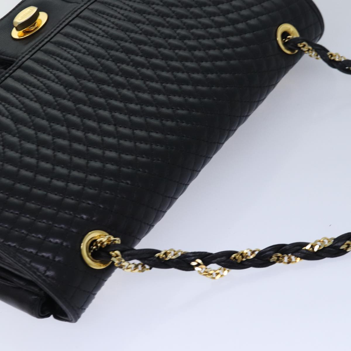 BALLY Chain Shoulder Bag Leather Black Gold Auth ep5076