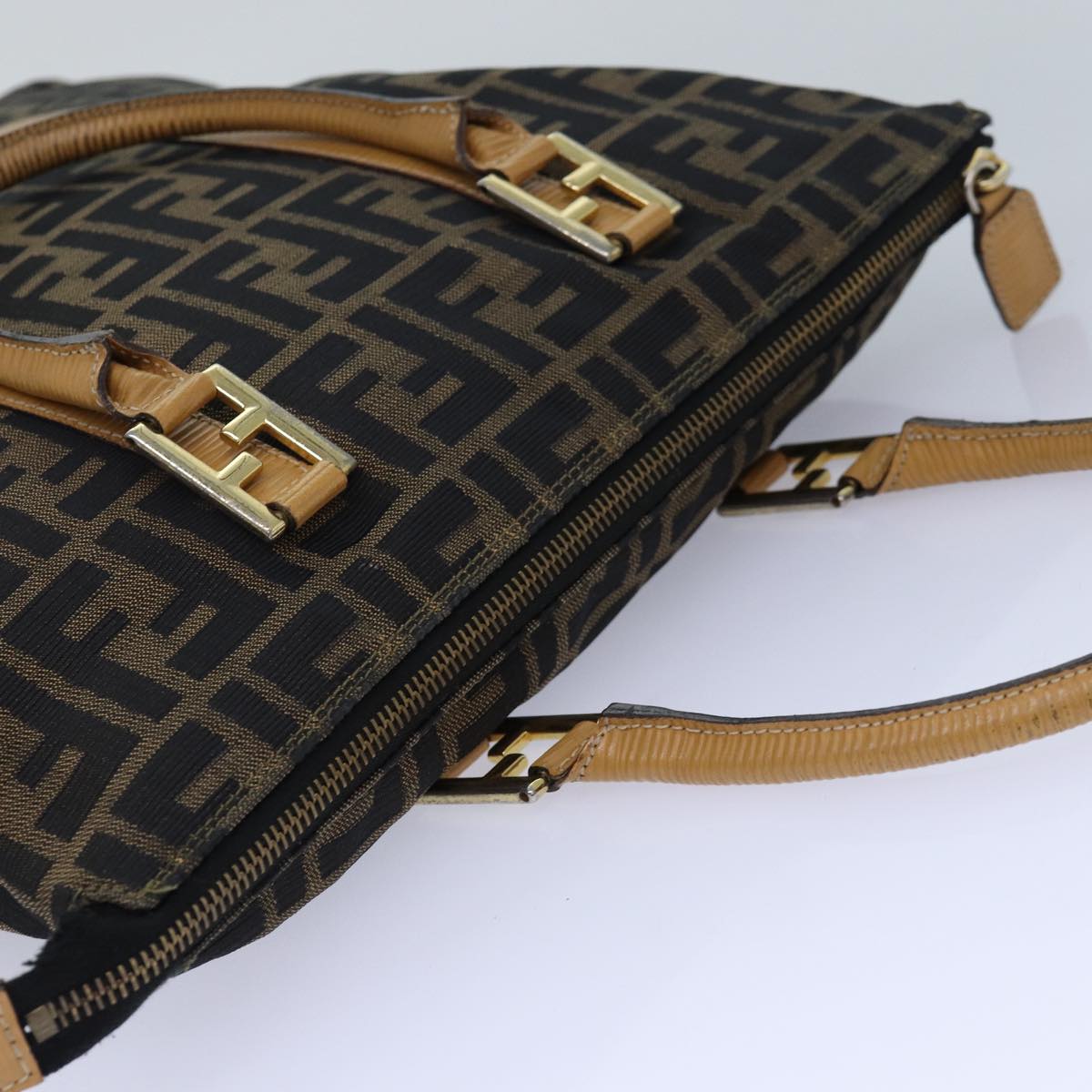 FENDI Zucca Canvas Hand Bag Brown Black gold Auth ep5077