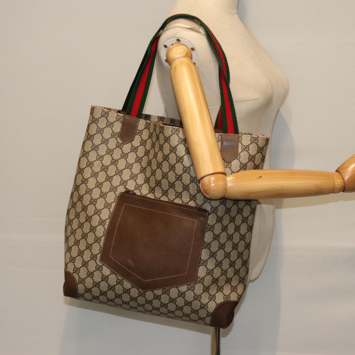 GUCCI GG Canvas Web Sherry Line Tote Bag PVC Beige Green Red Auth ep5079