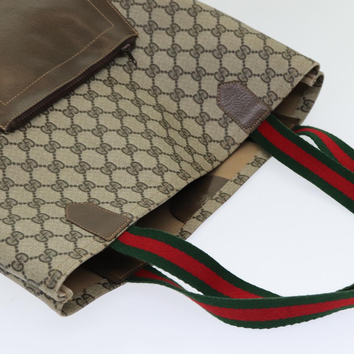 GUCCI GG Canvas Web Sherry Line Tote Bag PVC Beige Green Red Auth ep5079