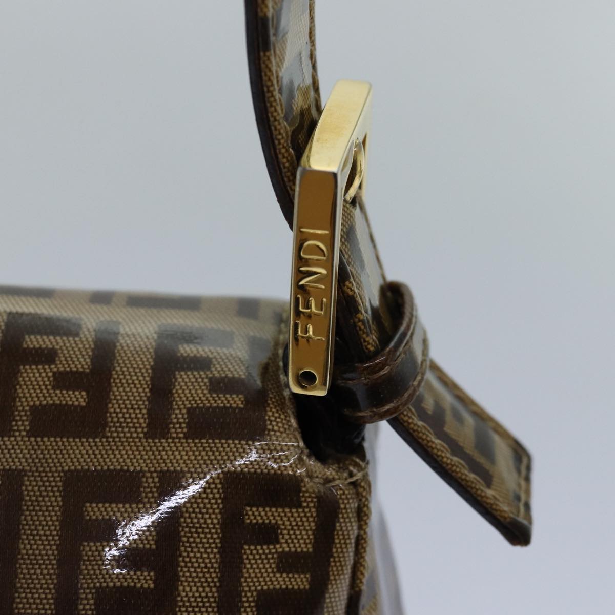 FENDI Zucchino Canvas Mamma Baguette Shoulder Bag Beige Gold Auth ep5119