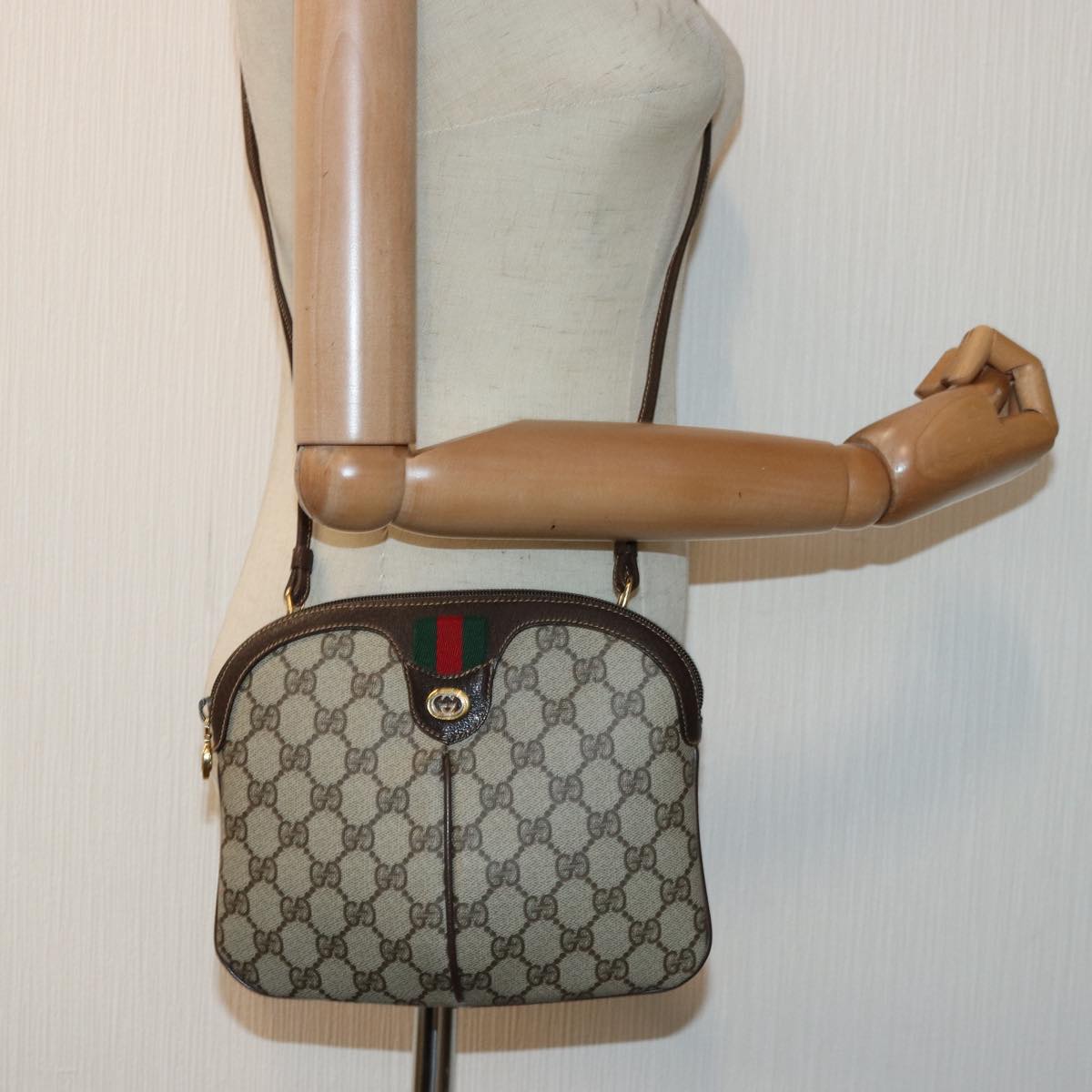 GUCCI GG Canvas Web Sherry Line Shoulder Bag PVC Beige Green Red Auth ep5130