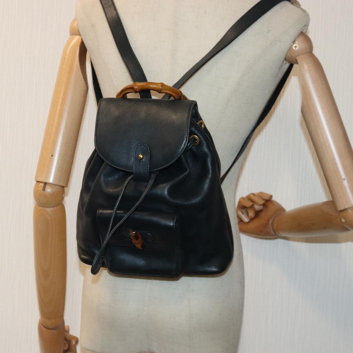 GUCCI Bamboo Backpack Leather Black Auth ep5142