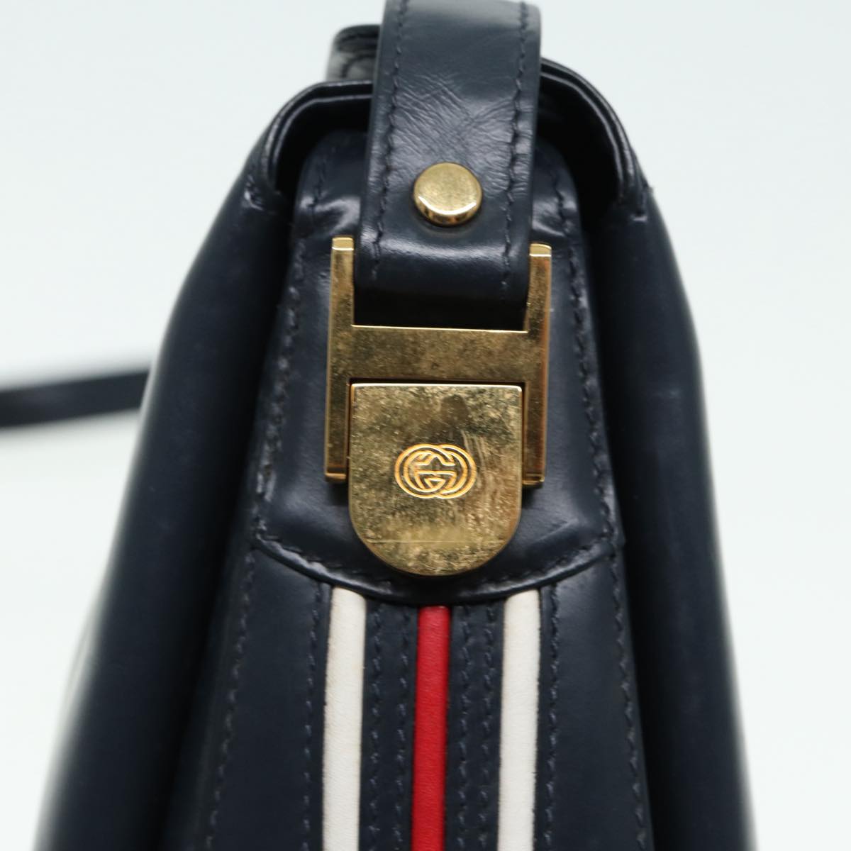 GUCCI Shoulder Bag Leather Navy Gold Auth ep5155