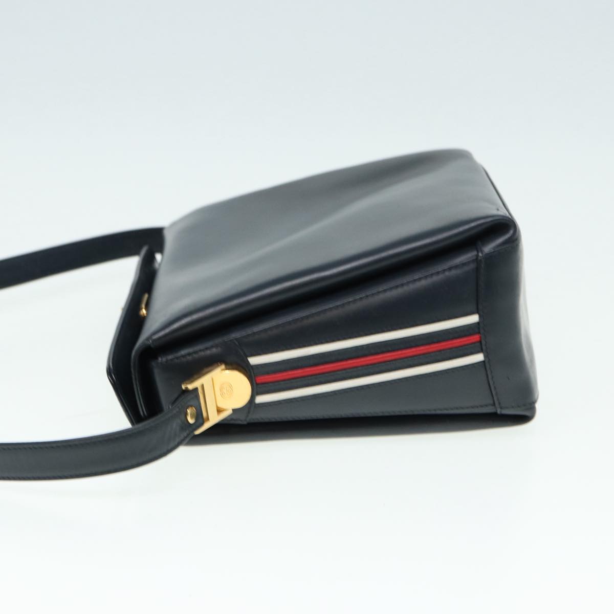 GUCCI Shoulder Bag Leather Navy Gold Auth ep5155