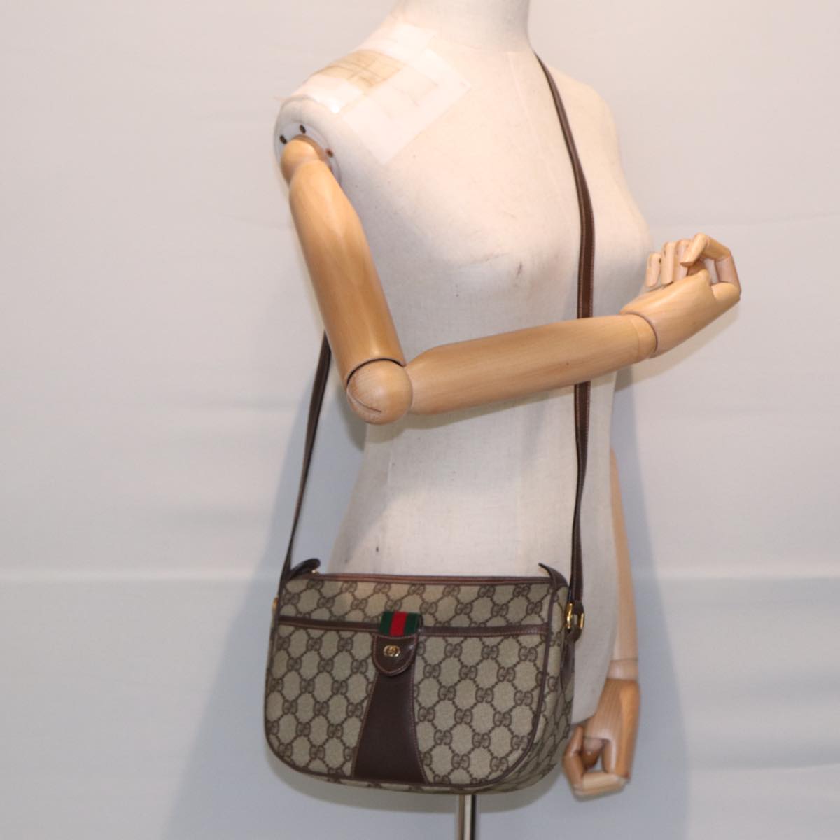 GUCCI GG Canvas Web Sherry Line Shoulder Bag PVC Beige Green Red Auth ep5156