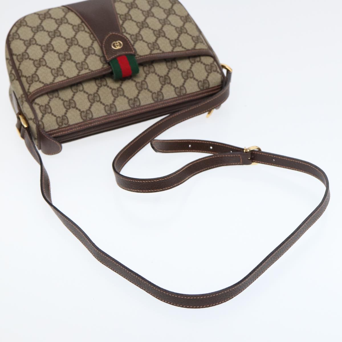 GUCCI GG Canvas Web Sherry Line Shoulder Bag PVC Beige Green Red Auth ep5156