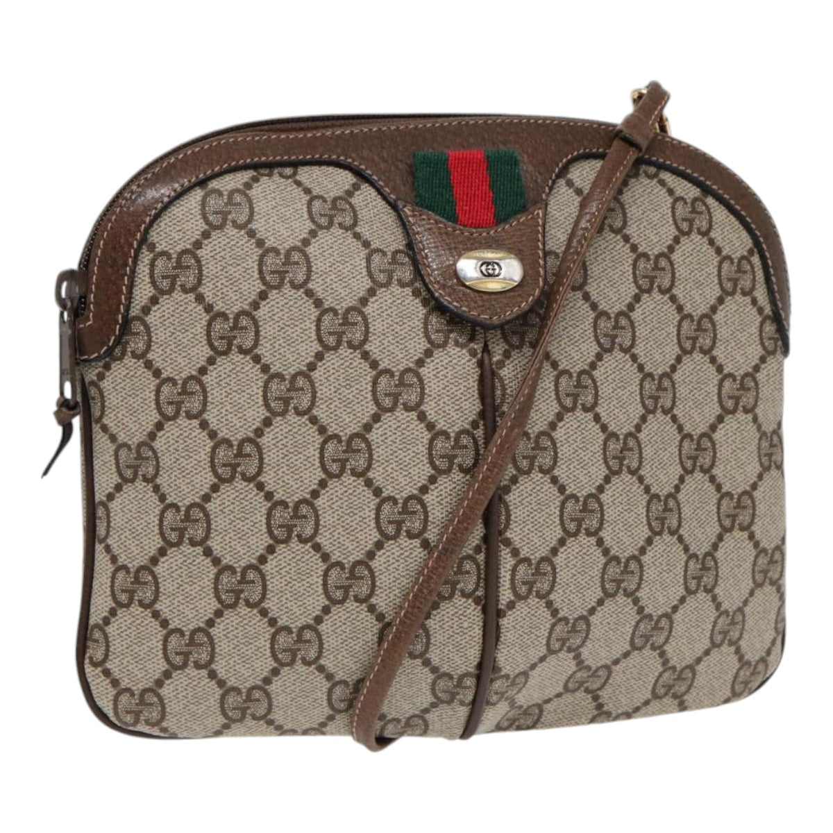 GUCCI GG Canvas Web Sherry Line Shoulder Bag PVC Beige Green Red Auth ep5197