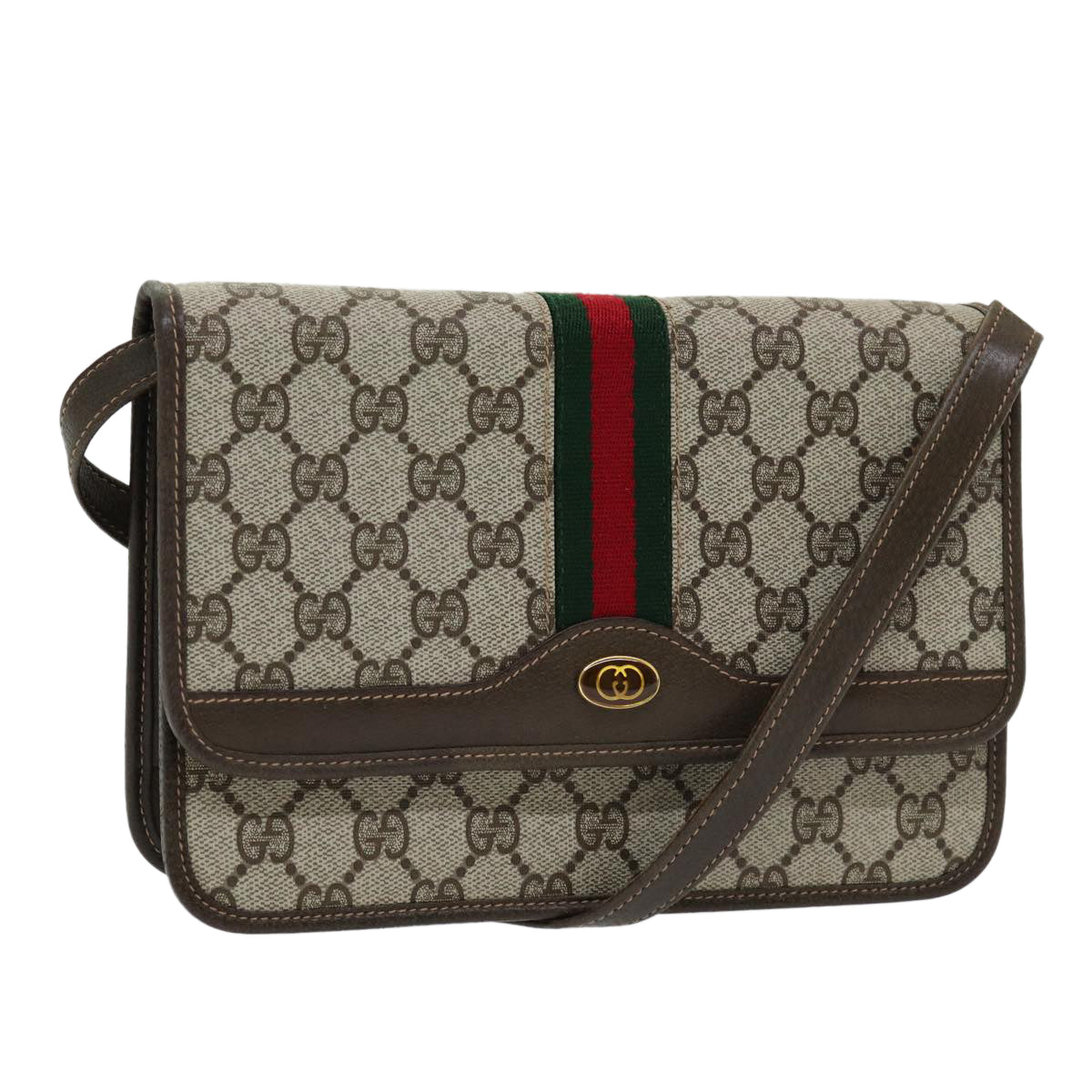 GUCCI GG Canvas Web Sherry Line Shoulder Bag PVC Beige Green Red Auth ep5199