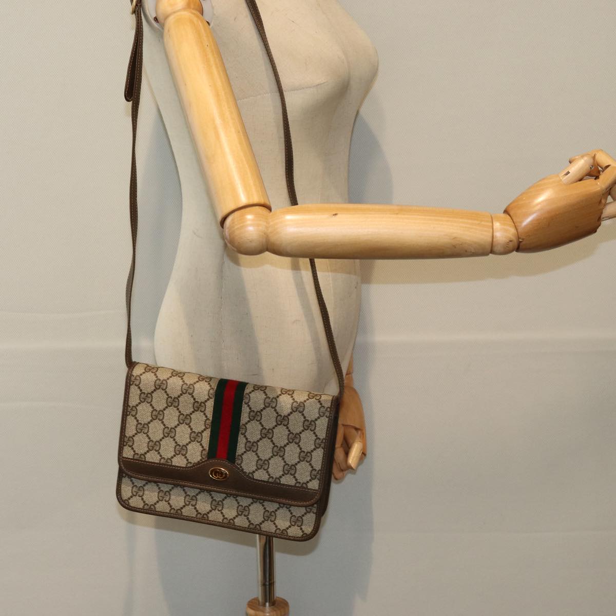 GUCCI GG Canvas Web Sherry Line Shoulder Bag PVC Beige Green Red Auth ep5199