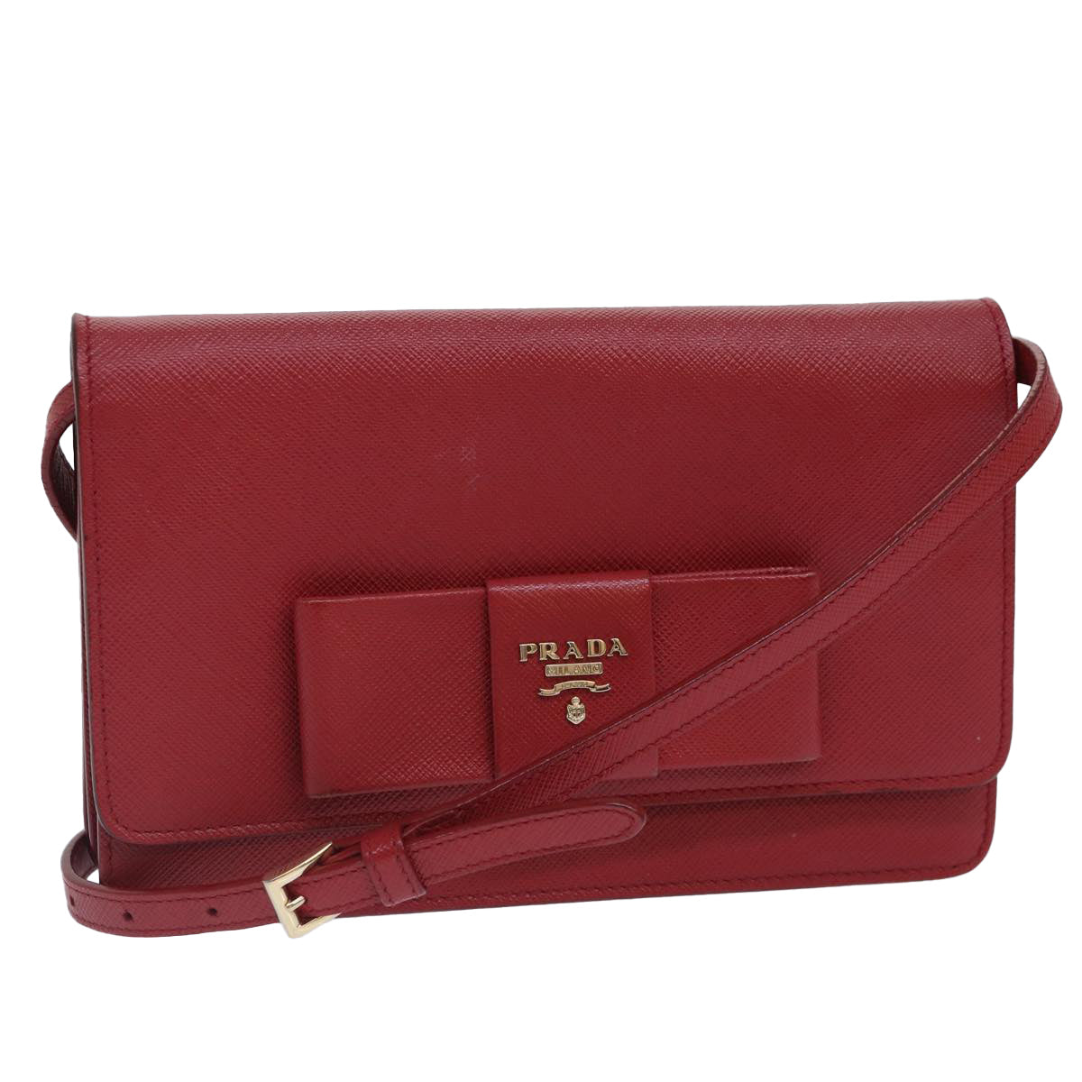 PRADA Shoulder Long Wallet Safiano leather Red Gold Auth ep5211