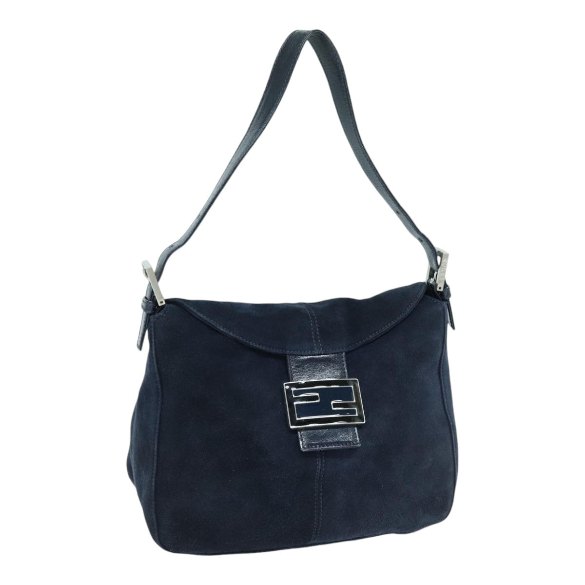 FENDI Mamma Baguette Shoulder Bag Suede Navy Silver Auth ep5217