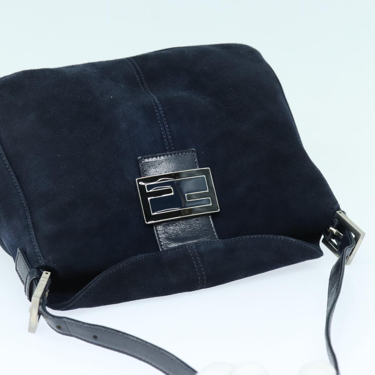 FENDI Mamma Baguette Shoulder Bag Suede Navy Silver Auth ep5217