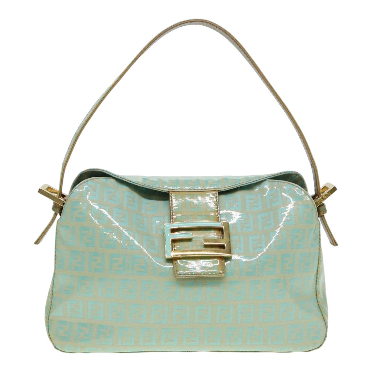 FENDI Zucchino Canvas Mamma Baguette Shoulder Bag Enamel Gold Green Auth ep5220