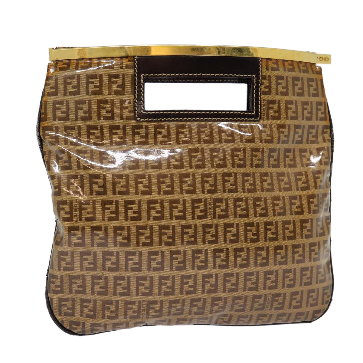 FENDI Zucchino Canvas Hand Bag Brown Gold Auth ep5232