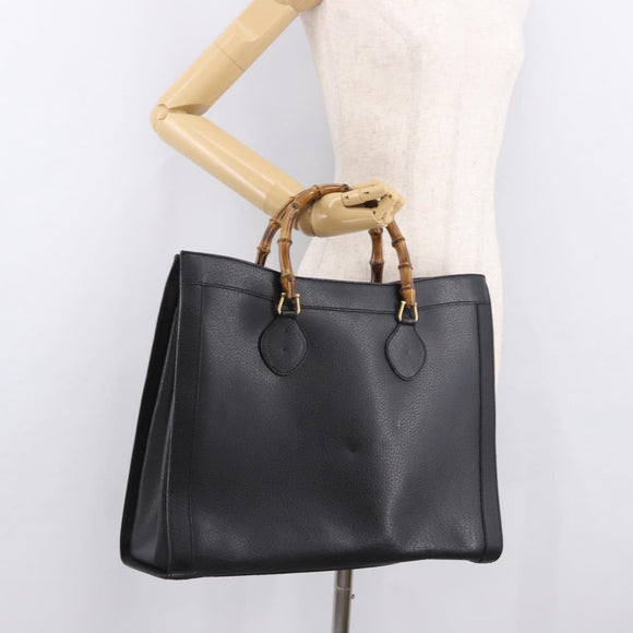 GUCCI Bamboo Hand Bag Leather Black Gold 002 1186 0259 Auth ep5273