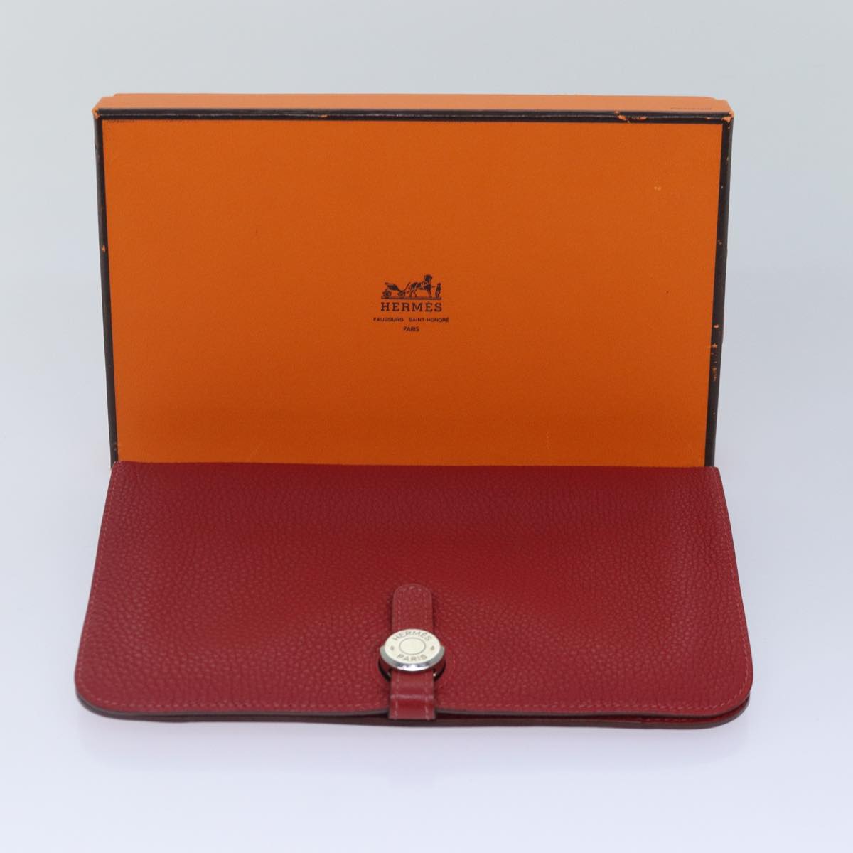 HERMES Dogon GM Wallet Taurillon Leather Red Silver Auth ep5276