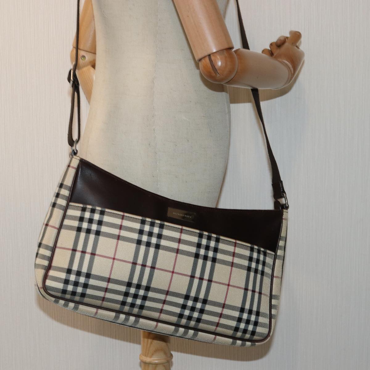 BURBERRY Nova Check Shoulder Bag Canvas Beige Silver Auth ep5297